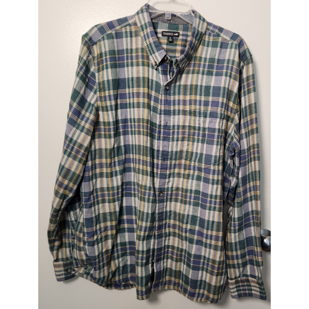Toad & Co Men's XL Green Blue Flannel Button Down XL Recycled Lightweight